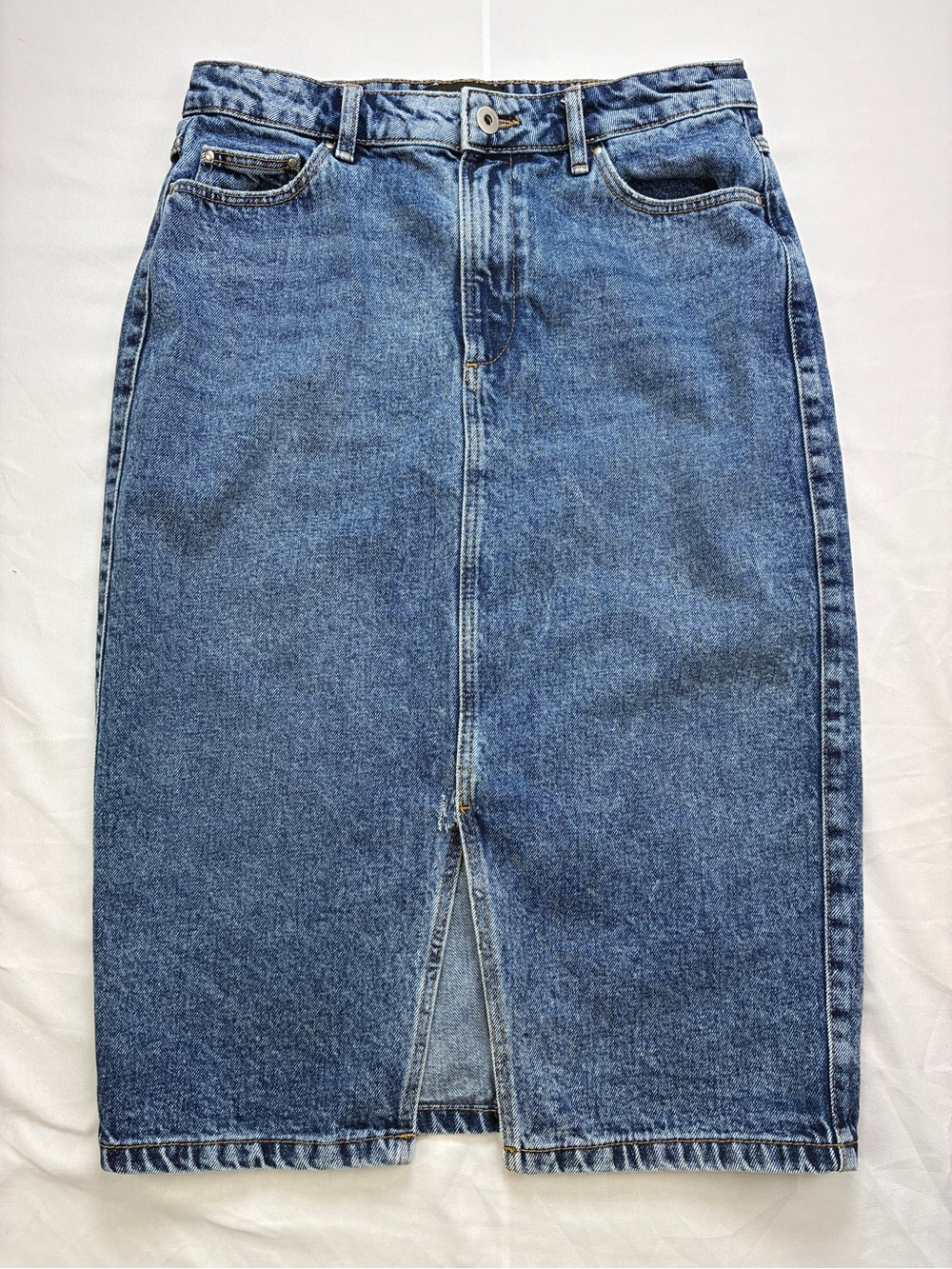 Mohito Denim Midi Pencil Skirt with Front Slit - Blue EU36, ~ a size 4
